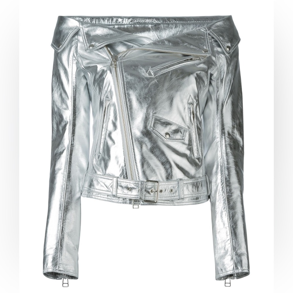 FAITH CONNEXION Off The Shoulder Silver Leather Jacket, sz FR38/US6